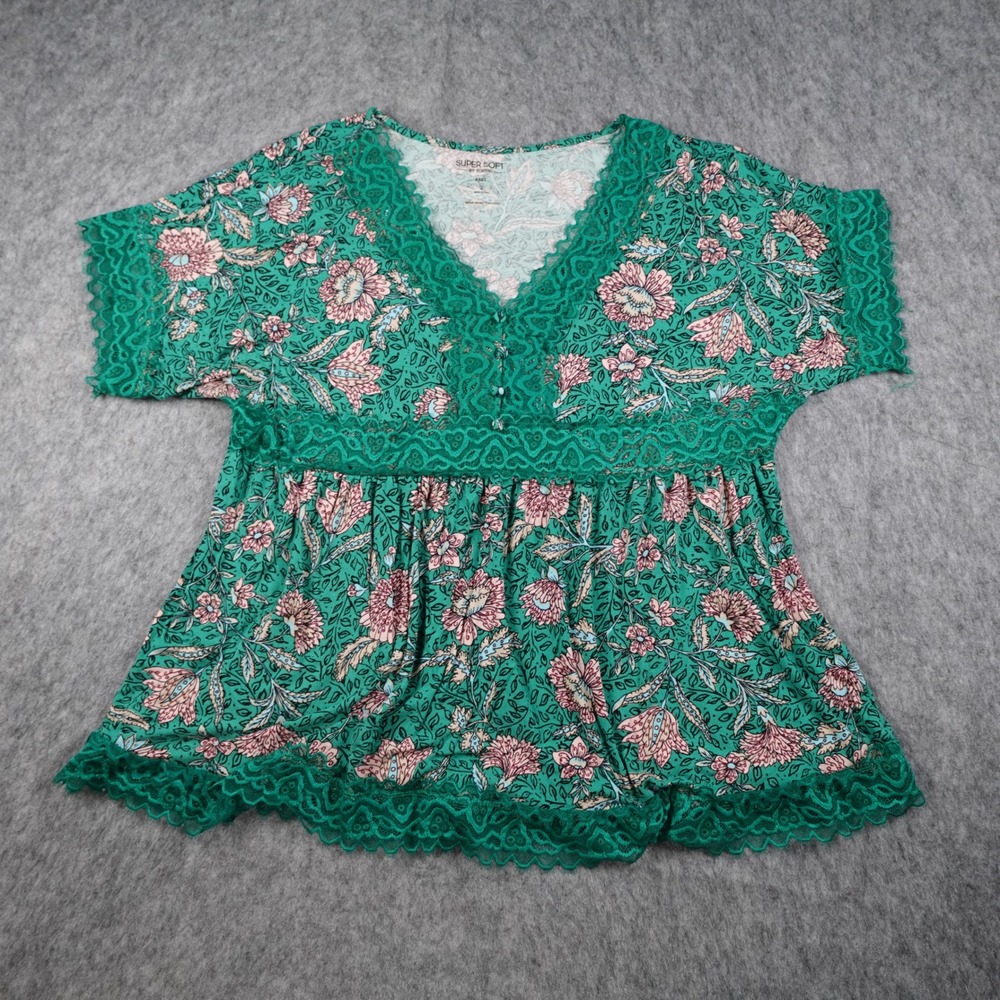 Torrid Top Women 2X Green Floral Lace Trim V Neck Short Sleeve Babydoll‎ Knit